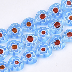 Handmade Millefiori Lampwork Beads Strands, Heart, Light Sky Blue, 10x10x4mm, Hole: 0.8mm, about 42pcs/strand, 15.1 inch