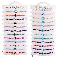 Bracelets réglables en perles tressées avec cordon ciré, avec perles strass et acryliques, mauvais œil, couleur mixte, diamètre intérieur: 7/8 pouce (2.3 cm), 12 pcs / carte, 2 cartes, 24 pièces / kit