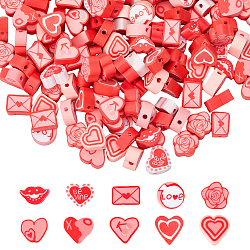Sunnyclue 200 Uds. 10 estilos cuentas de arcilla polimérica hechas a mano con tema del Día de San Valentín, corazón y labio y rosa y plano redondo y sobre, color mezclado, 6~10x7~11x4~4.5mm, agujero: 1.4~1.8 mm, 20 piezas / style