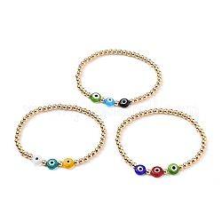 Stretch Bracelets, with Real 18K Gold Plated Brass Round Beads and Flat Round Handmade Evil Eye Lampwork Beads, Mixed Color, Inner Diameter: 2-1/4 inch(5.8cm)