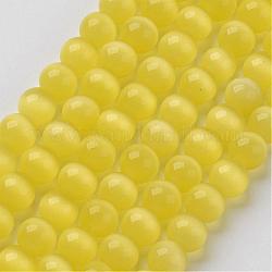 Perles d'oeil de chat, ronde, jaune, 6mm, Trou: 1mm, Environ 66 pcs/chapelet, 15.5 pouce / brin