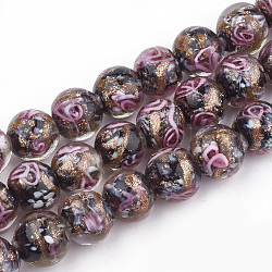 Perles vernissées de sable d'or manuelles , fleur intérieure, ronde, noir, 10~10.5x9~10mm, Trou: 1.5~2mm