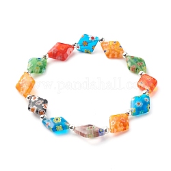 Bracelet extensible de perles de lampwork millefiori faites à la main pour cadeau de femme adolescente, joli bracelet en perles de losange, colorées, diamètre intérieur: 2-7/8 pouce (7.3 cm)