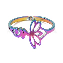 Ion Plating(IP) 304 Stainless Steel Hollow Lotus Adjustable Ring for Women, Rainbow Color, Inner Diameter: 16.6mm