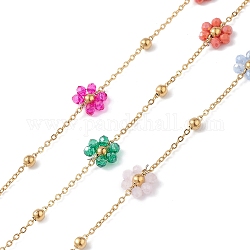 Flower Glass Beaded Chains, Unwelded, with 304 Stainless Steel Link Chains, Golden, Colorful, 2~8x1.5~8x0.3~3mm