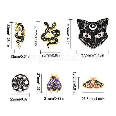 SUNNYCLUE 1 Box 6Pcs 6 Style Snake Enamel Brooches Cat Butterfly Pins Bulk  Outdoors Enamel Moon Stars Flat Round Alloy Brooches for Backpacks Badges