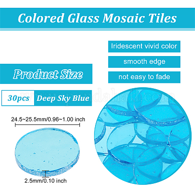 OLYCRAFT 30pcs 2.5cm Round Glass Mosaic Tiles Transparent Blue Glass Mosaic  Sky Blue Mosaic Chips Pieces Flat Mosaic Glass Pieces for Home Decorations