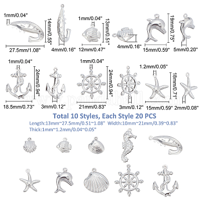 200pcs Ocean Animal Charms Marine Life Charms Stainless Steel Pendants 10  Styles Sea Animals Fish Sea Shell Anchor Starfish Charms for Hawaii Earring  Necklace Bracelet Jewelry Making 