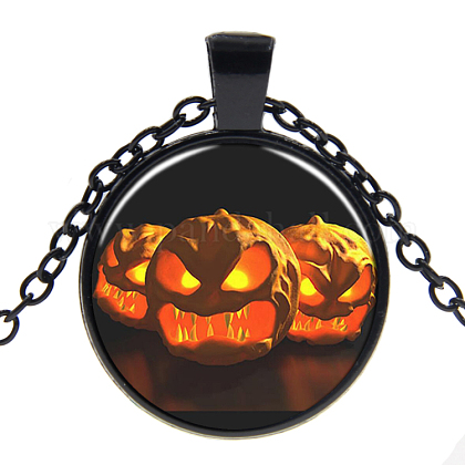 ハロウィンモチーフガラスペンダントネックレス 合金パーツ パンプキンジャックオーランタンのあるフラットラウンド ガンメタ色 17 7インチ 45cm ペンダント 27mmの通販 Jp Pandahall Com