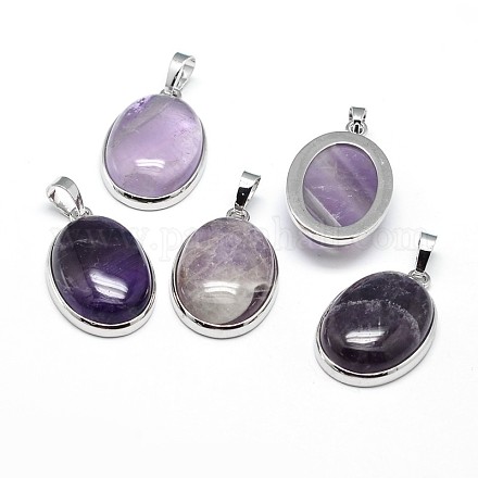 Oval Platinum Plated Brass Natural Amethyst Pendants G-F228-15C-RS-1
