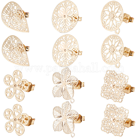 Beebeecraft 1 Box 24Pcs 6 Style Stud Earring Finding 18K Gold Plated Golden Bohemian Square Flat Round Flower Drop Hollow Out Studs Earring with Ear Nuts for Jewellery Earring Making Supplies KK-BBC0008-08-1