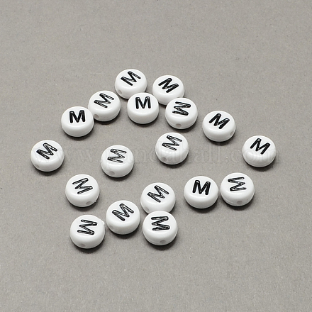 Perles de lettre à trous horizontaux acryliques blanches et noires SACR-Q101-01M-1