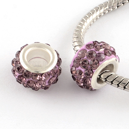Polymer Clay Rhinestone European Large Hole Beads with Silver Color Plated Brass Cores FPDL-R002-09-1