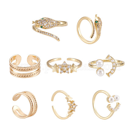 Cheriswelry 4Pcs 4 Style Snake & Smiling Face & Star Brass Cuff Rings for Her RJEW-CW0001-01-1