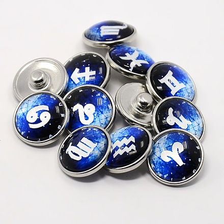 Platinum Plated Brass Glass Flat Round with Blue Constellation/Zodiac Sign Jewelry Snap Buttons SNAP-M034-B-M-1