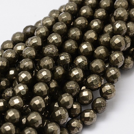 Faceted Round Natural Pyrite Bead Strands G-L437-37-8mm-1