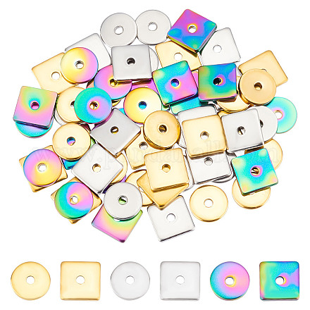 DICOSMETIC 60Pcs 2 Styles 3 Colors Stainless Steel Spacer Beads Flat Round & Square Bead Findings Metal Loose Beads for DIY Bracelets Necklaces Jewelry Making STAS-DC0004-97-1