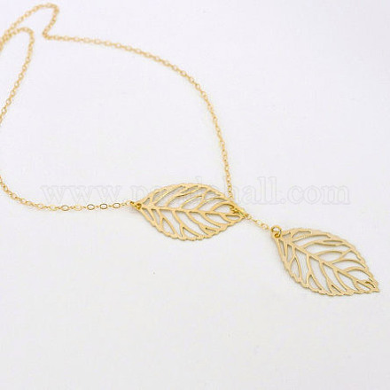 Simple Hollow Leaf Alloy Lariat Necklaces NJEW-N0052-002B-1