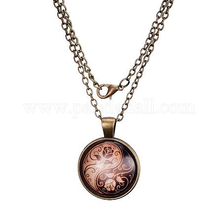 Yin-Yang with Rose Pattern Flat Round Glass Pendant Necklaces X-NJEW-N0051-010D-01-1
