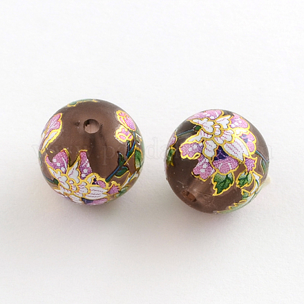 Flower Pattern Frosted Glass Round Beads GFB-R004-14mm-D13-1