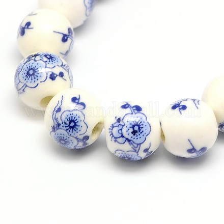 Chapelets de perles en céramique imprimées de fleurs manuelles PORC-M007-10mm-15-1