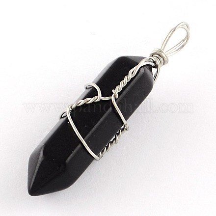 Synthetic Dyed Black Stone Double Terminated Pointed Pendants with Platinum Plated Iron Findings G-R278-40-1