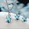 Tortoise Alloy Rhinestone & Glass Pendant Necklaces & Stud Earrings Sets, Platinum, Cyan, 450mm