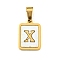 PVD Vacuum Plating 304 Stainless Steel Pave Natural White Shell Pendants, Rectangle with Letter Charms, Golden, Letter X, 17.5x12x1.5mm, Hole: 6x3mm