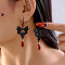 Bat Alloy Glass Dangle Earrings, Black, 65x30mm