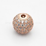 CZ Brass Micro Pave Grade AAA Clear Color Cubic Zirconia Round Beads, Cadmium Free & Nickel Free & Lead Free, Rose Gold, 8mm, Hole: 1.7mm