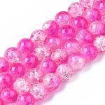 Chapelets de perles en verre craquelé peint, deux tons, ronde, rose chaud, 8mm, Trou: 1.3~1.6mm, Environ 100 pcs/chapelet, 31.4 pouce