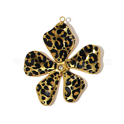 Ciondoli in acciaio inox smaltato 304, ciondoli a forma di fiore con stampa leopardata e strass di cristallo, vero placcato oro 18k, placcatura ionica (ip), nero, 39x33mm