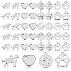 60 ciondolo in acciaio inossidabile di 4 stili, piatta e rotonda con la parola amore, colore acciaio inossidabile, 10~14x9~15.5x1~1.5mm, Foro: 1.2~1.8 mm, 15pcs / style