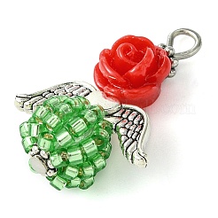 Pendenti in resina con fiori di rosa rossa e perline di vetro&nbsp;PALLOY-MZ00289-02
