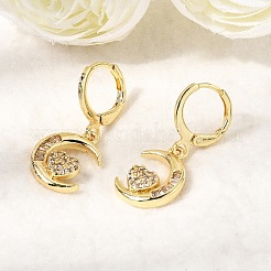 Серьги-кольца из латуни с микропаве и прозрачными кубическими циркониями в форме луны.&nbsp;EJEW-Z162-01G