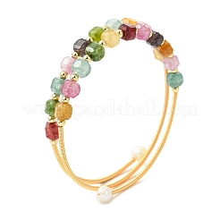 Bracelets manchettes en fil de cuivre sertis de tourmaline naturelle cubique et de perles d'eau douce&nbsp;BJEW-JB13984-01
