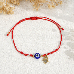 Bracelets faits main ajustables en verre bleu œil protecteur avec perles tressées et pendentif main de Hamsa en acier inoxydable&nbsp;KO5639-1