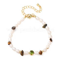 Braccialetti con schegge di occhio di tigre naturale e perle naturali a forma di chicco di riso.&nbsp;GG-CBA3297-13G-H