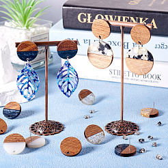 Плоские круглые серьги-гвоздики из непрозрачной смолы и орехового дерева&nbsp;MAK-TA0001-18C