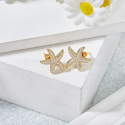 1 par de pendientes con forma de estrella de mar de latón con micro pavé de circonita cúbica transparente&nbsp;EJEW-SZ0002-08G