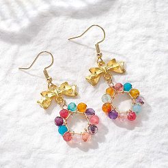 3 пара серег-подвесок из окрашенного и нагретого натурального агата с бантом и кольцом&nbsp;EJEW-JE06839