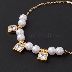 Bracciale con charm quadrato in zirconi cubici con perla acrilica&nbsp;BJEW-F396-20G-01