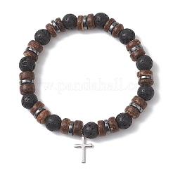 Регулируемые эластичные браслеты из натуральных бусин из кокосового ореха и лавовой породы&nbsp;BJEW-JB13285-01