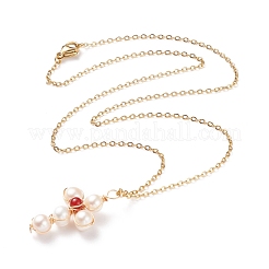 Collar con colgante de cruz trenzada de perla y ágata roja natural&nbsp;NJEW-JN03920-03
