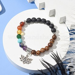 Braccialetti elastici con perline rotonde in legno e pietre preziose da 8 mm chakra&nbsp;BJEW-JB10906-01