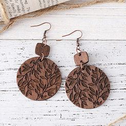 Boucles d'oreilles pendantes rondes plates en bois de style bohème avec motif de feuilles&nbsp;FS-WGEA415-01