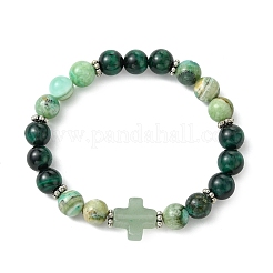 Pulseras elásticas redondas de ojo de tigre natural y jaspe verde con cuentas.&nbsp;BJEW-JB14052