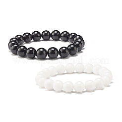 2 pièces 2 couleurs 10mm jade mashan naturel (teint) et jade malaisien (teint) ensemble de bracelets extensibles perlés ronds&nbsp;BJEW-JB07641