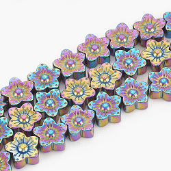 Electroplate Non-magnetic Synthetic Hematite Beads Strands, Flower, Multi-color Plated, 10x10x4mm, Hole: 1mm, about 45pcs/strand, 16.5 inch