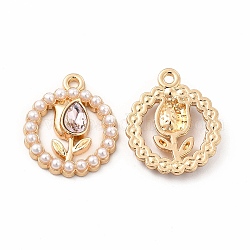 ABS Plastic Imitation Pearl Pendants, with Alloy Findings and Glass, Flat Round with Flower Charm, Golden, 20x17x3mm, Hole: 1.6mm